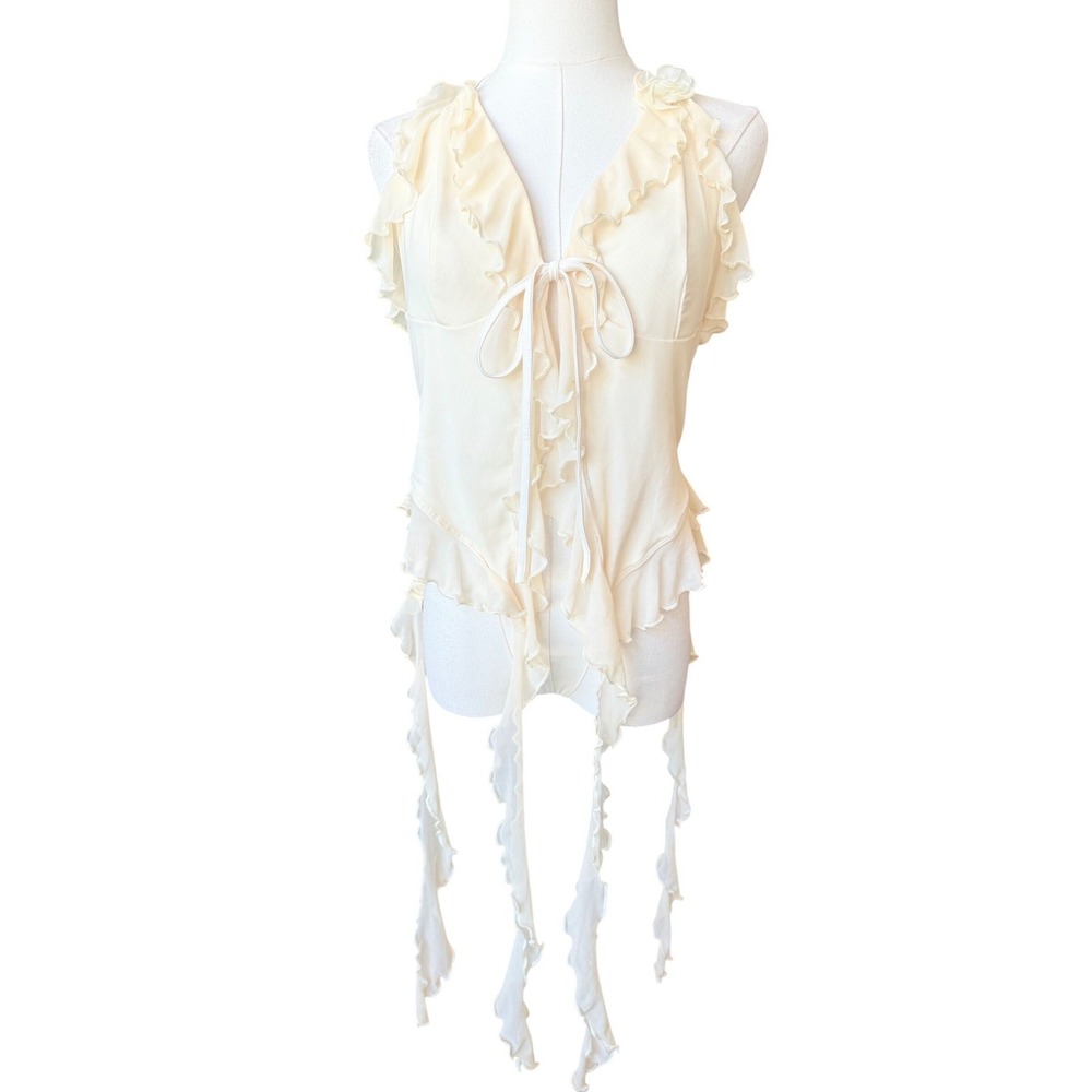 Y2K Fairy Wrap Ruffle Top Size‎ L Balletcore Coquette Romantic Angel Ethereal